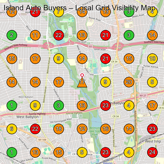 Island Auto Buyers Used Car Dealer GeoGrid ranking map for West Babylon NY